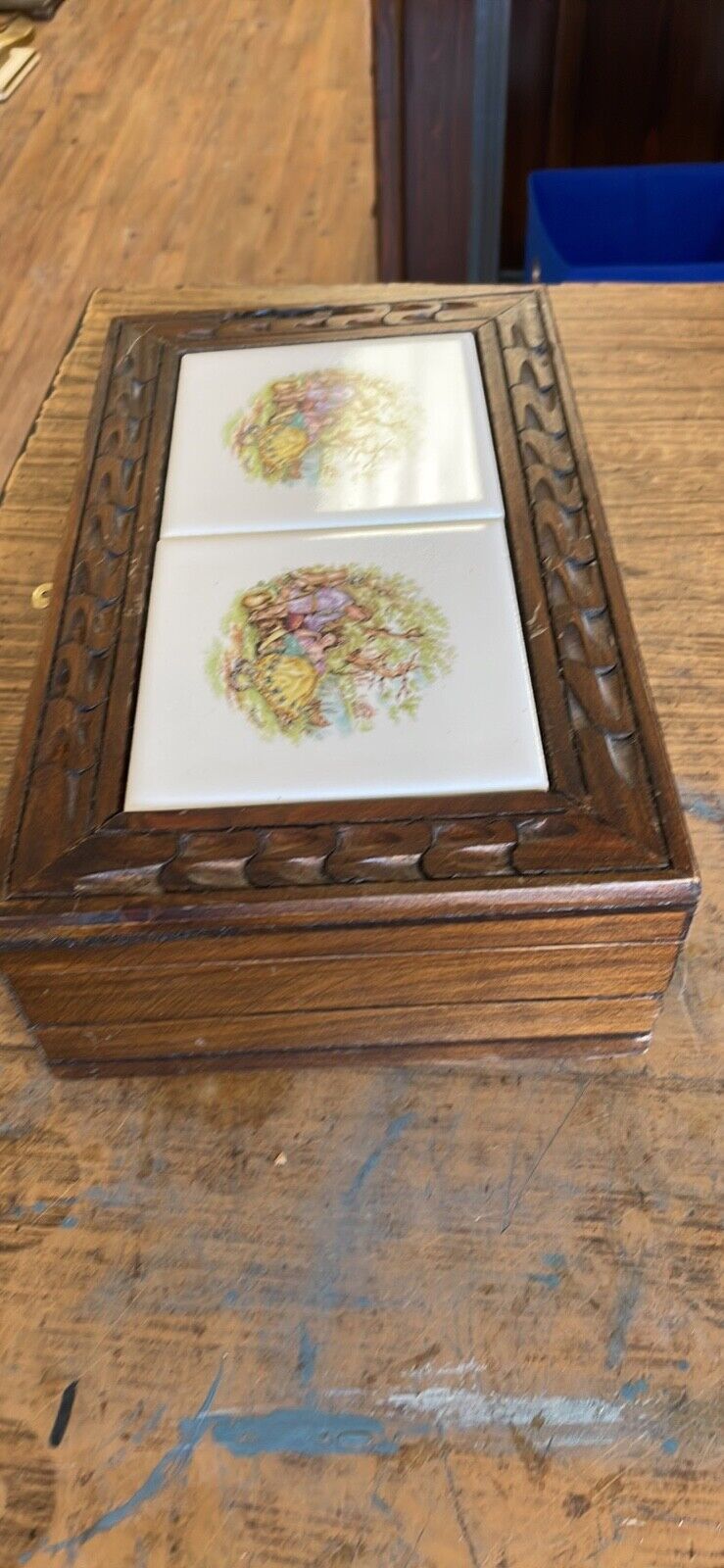 Vintage Wooden Jewelry Box Tile Top Classical Romantic Scenes