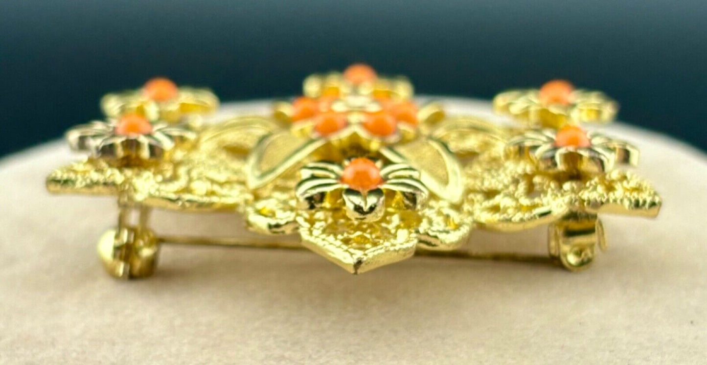 Vintage Gold Tone Orange/Coral Colored Bead Flowers Brooch NK