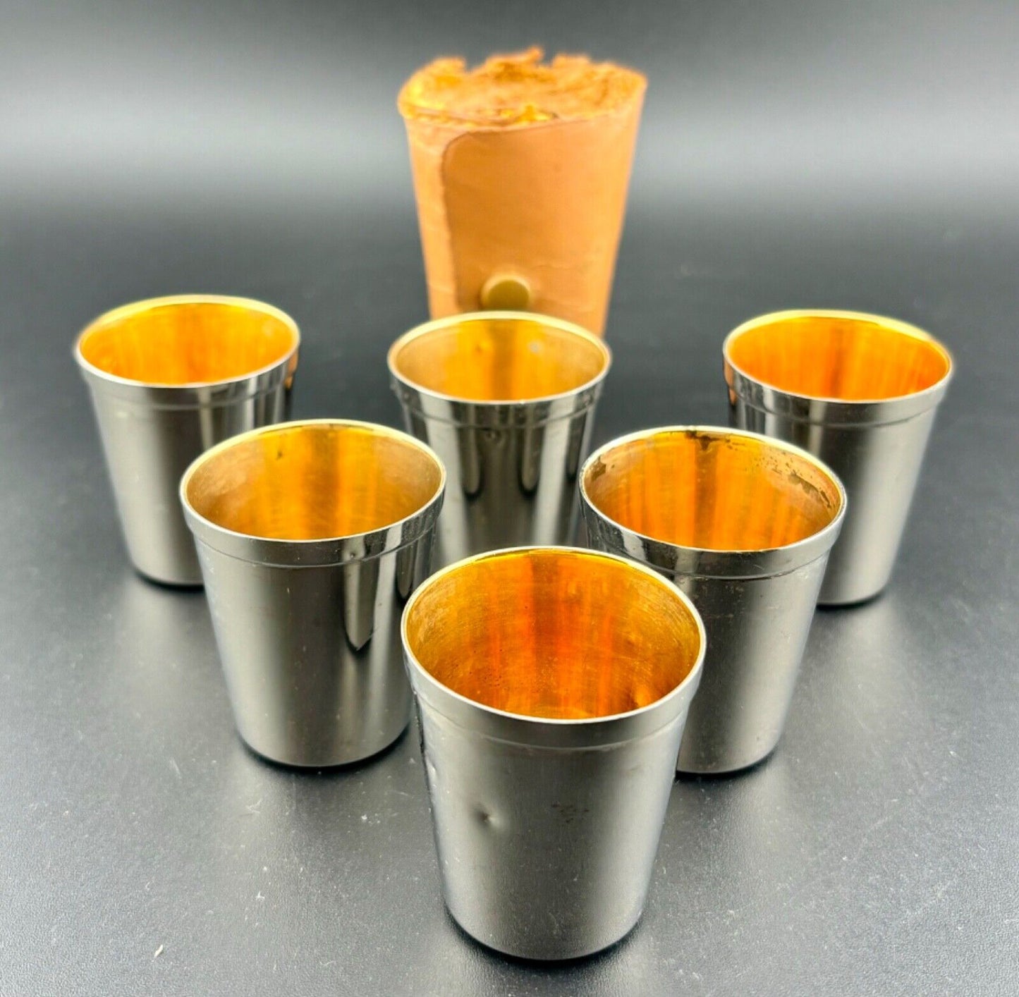 6 Vintage Silverplate Nesting Shot Cups Glasses w/ Leather Case Made In Germany