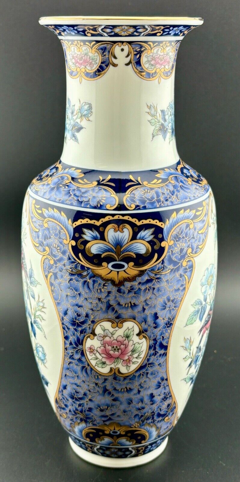 Blue Royal 10” Gilded Floral Bird Design Porcelain Vase Otagiri Japan