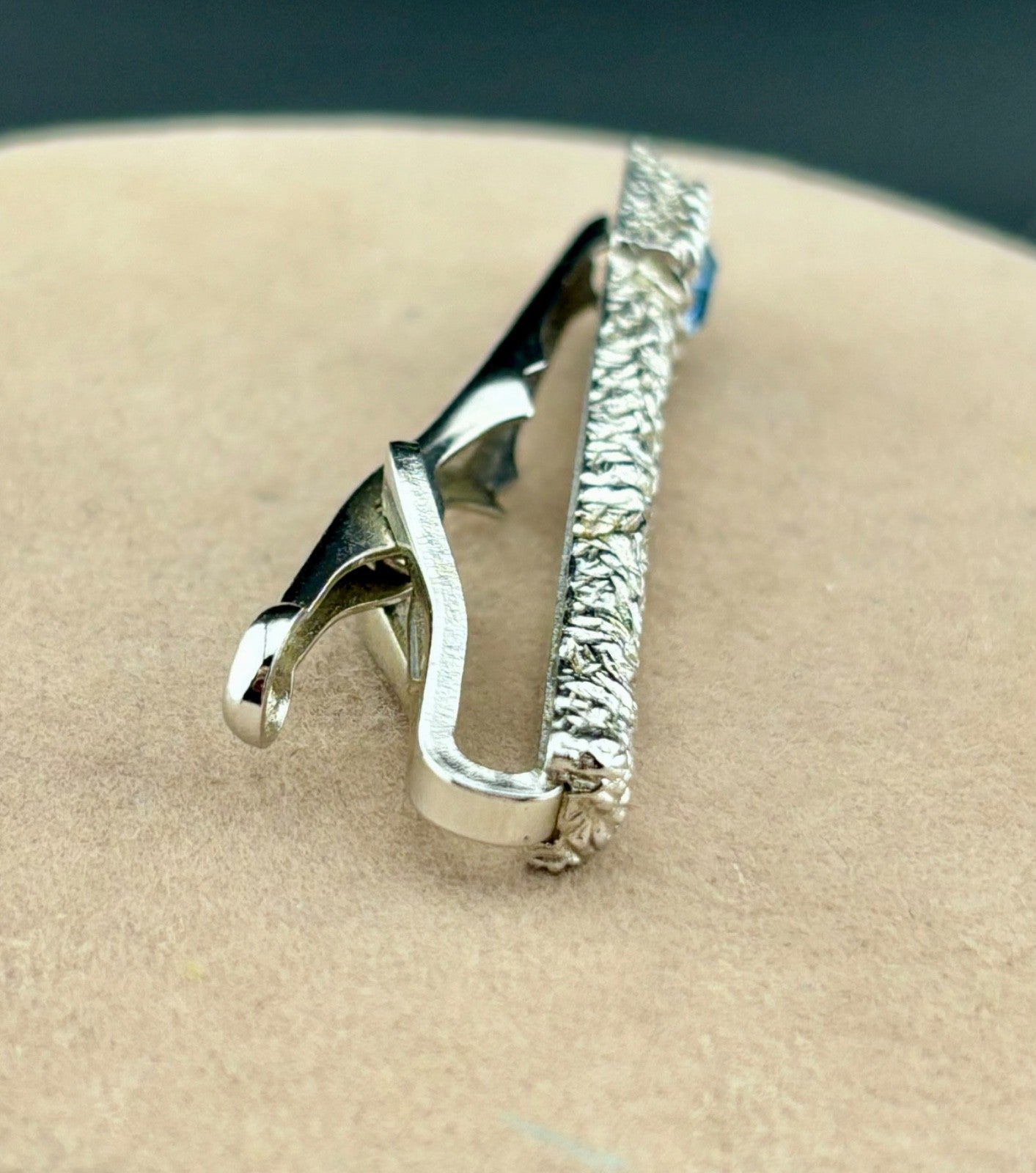 Vintage Swank Silver-Tone Brutalist Tie Clip Aqua Rhinestone