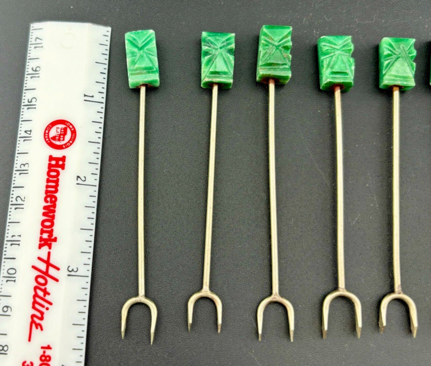 12 Vintage Pick Fork Carved Onyx Mexican Cocktail Hors d' Oeuvre Green