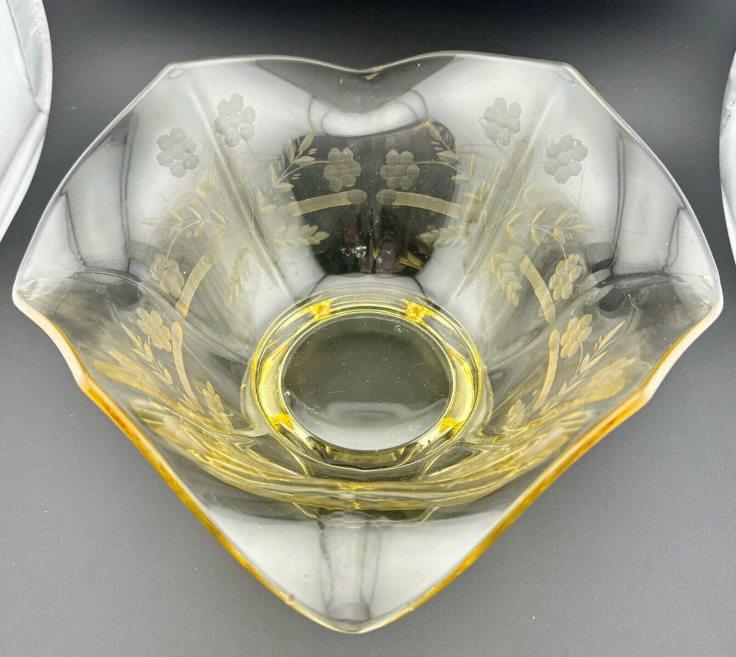 Etched Yellow Depression Glass Centerpiece Bowl