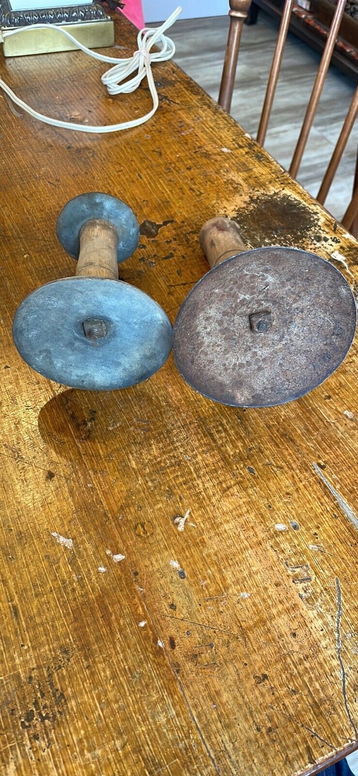 Antique Primitive Hog Scrapers Wood Handle Round Pair