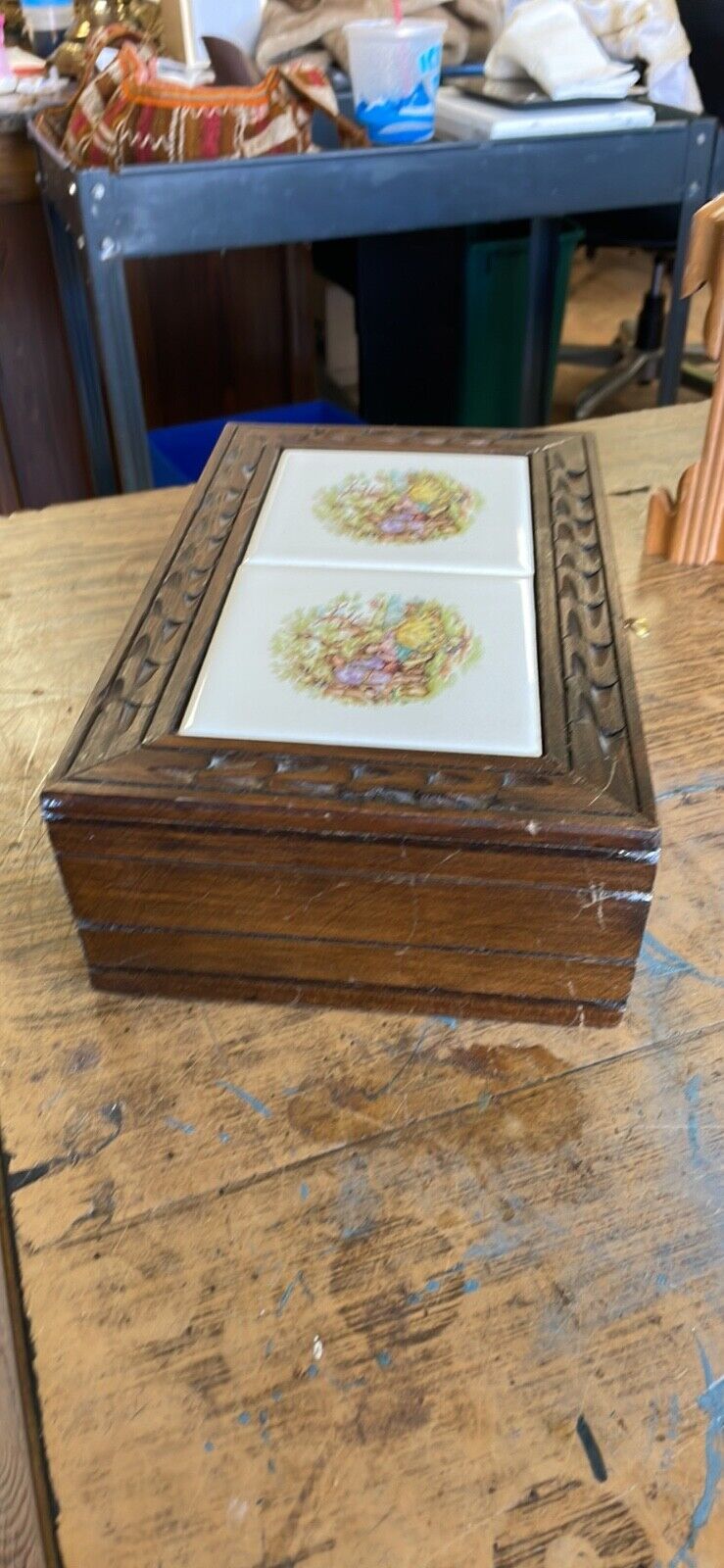 Vintage Wooden Jewelry Box Tile Top Classical Romantic Scenes