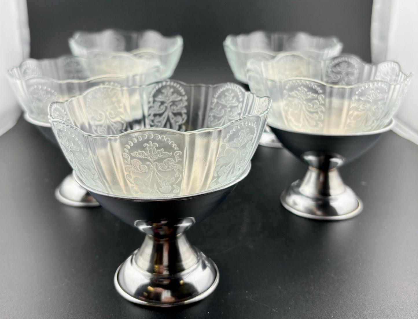 5 MacBeth-Evans American Sweetheart Sherbet or Ice Cream Cups w/ Metal Holders