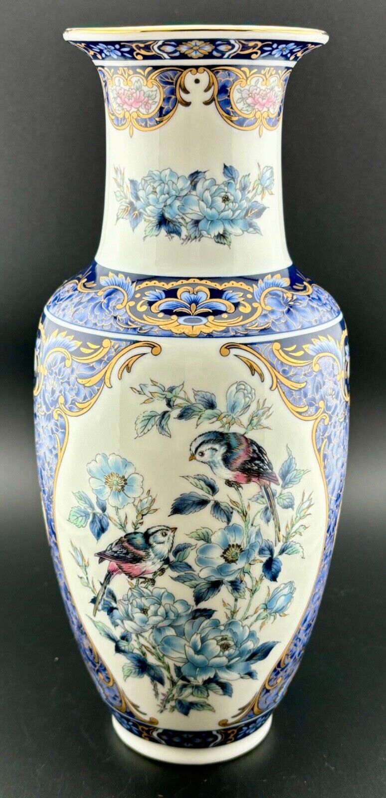 Blue Royal 10” Gilded Floral Bird Design Porcelain Vase Otagiri Japan