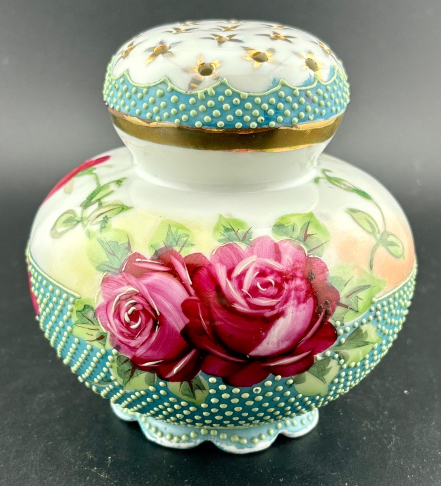 HAND-PAINTED NIPPON MORIAGE ROSES & PAINT DOT MUFFINEER /SUGAR SHAKER