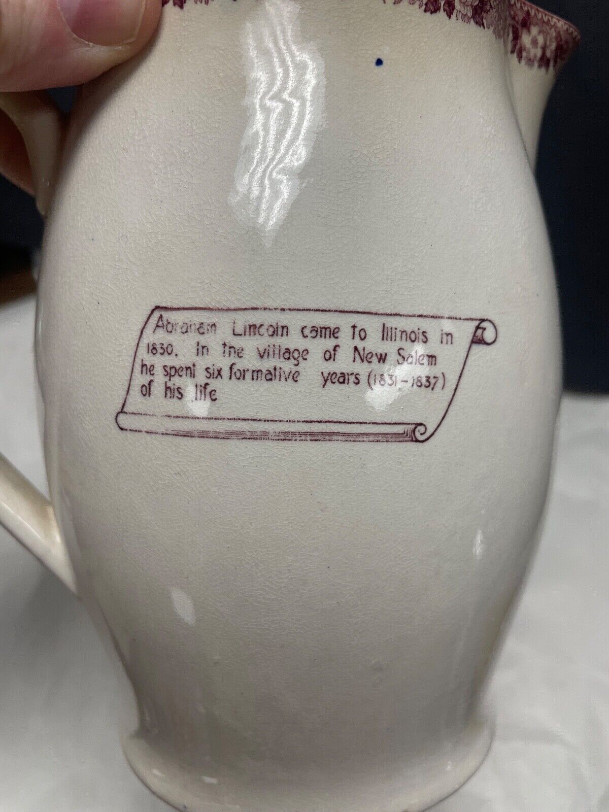 Vtg Lincoln New Salem Pottery Pitcher Illinois State Park Staffordshire England