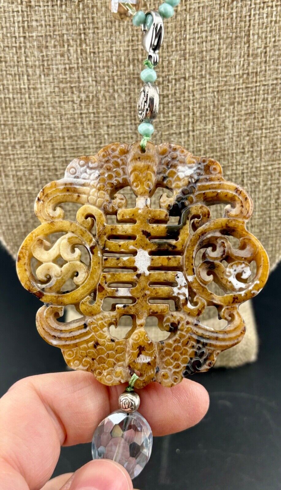 Carved Stone and Glass Bead Tassel Necklace Chinese NK