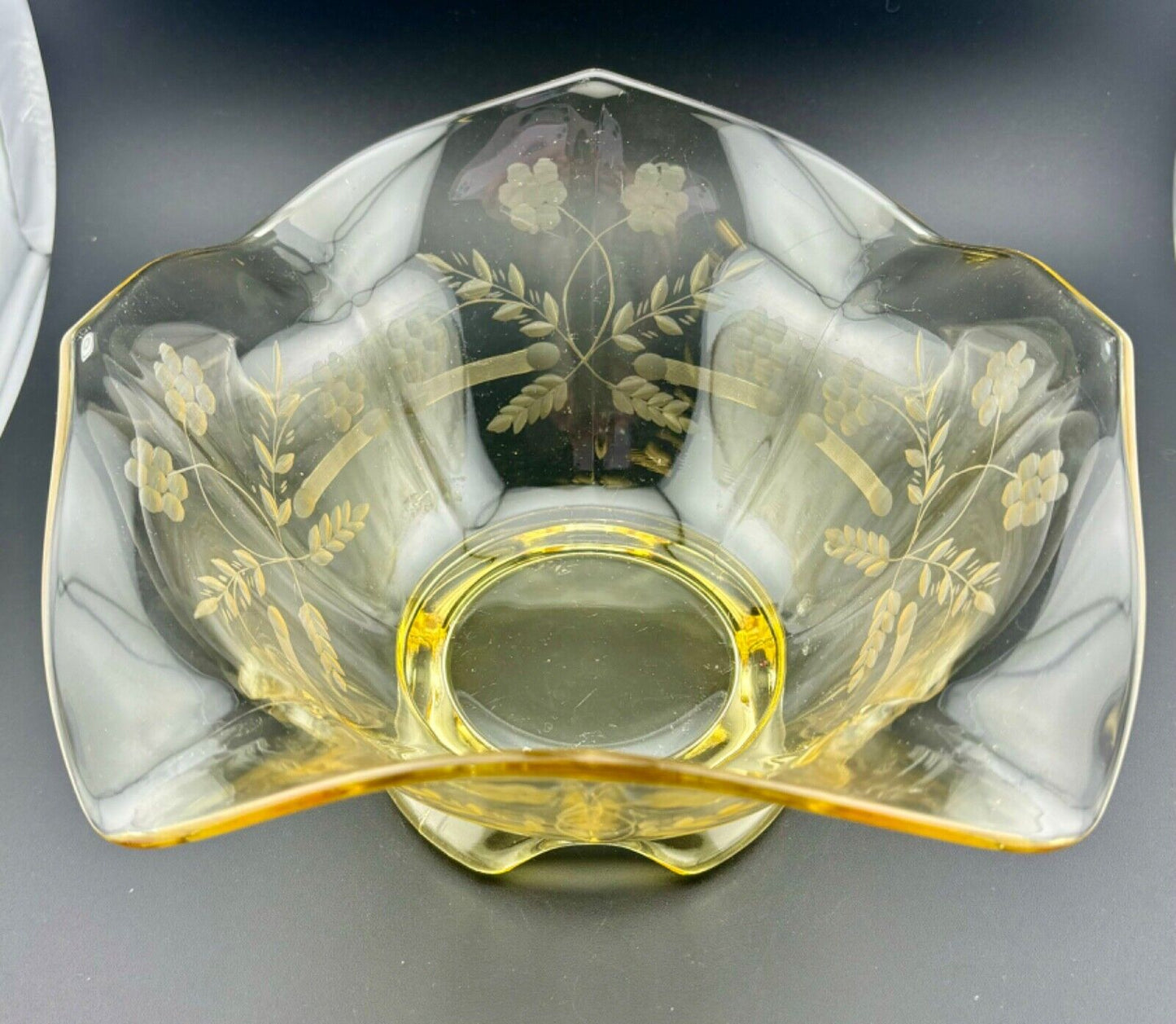 Etched Yellow Depression Glass Centerpiece Bowl