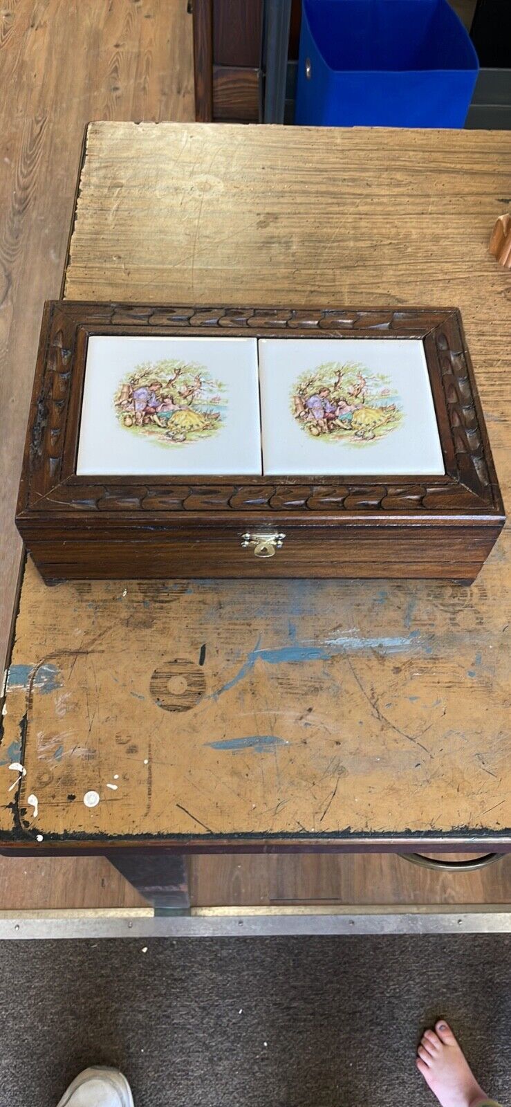 Vintage Wooden Jewelry Box Tile Top Classical Romantic Scenes