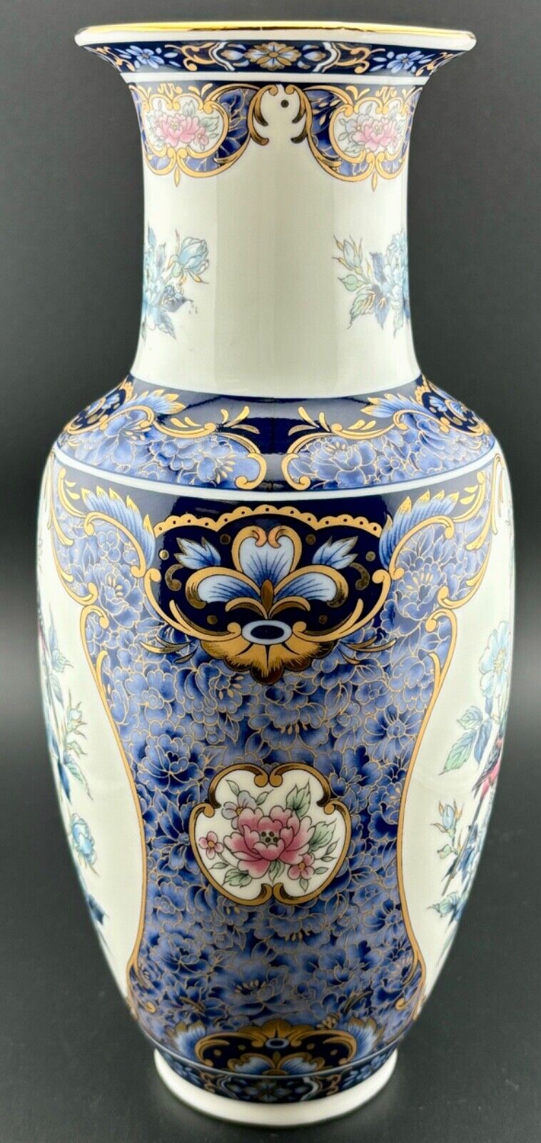 Blue Royal 10” Gilded Floral Bird Design Porcelain Vase Otagiri Japan