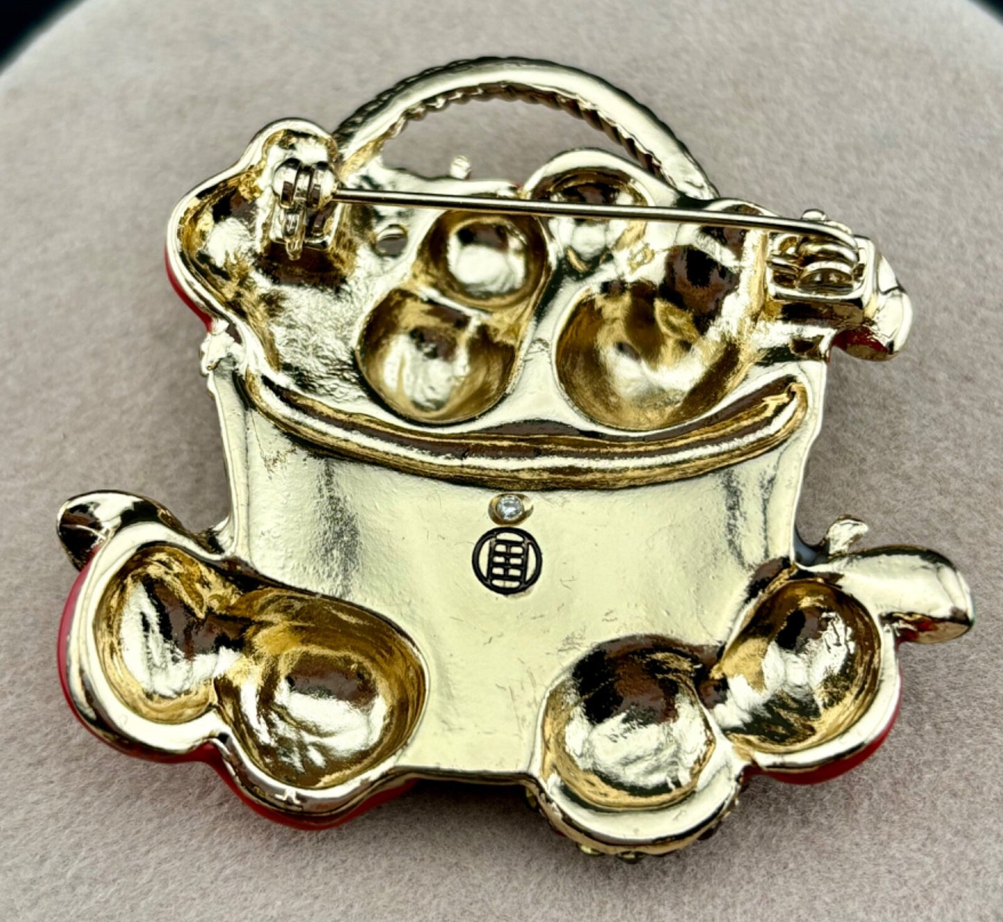 Basket Apples Brooch DANA BUCHMAN Gold Tone & Red Enamel Fruit Rhinestones NK