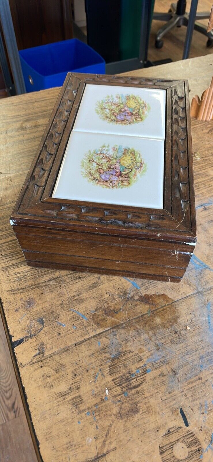 Vintage Wooden Jewelry Box Tile Top Classical Romantic Scenes