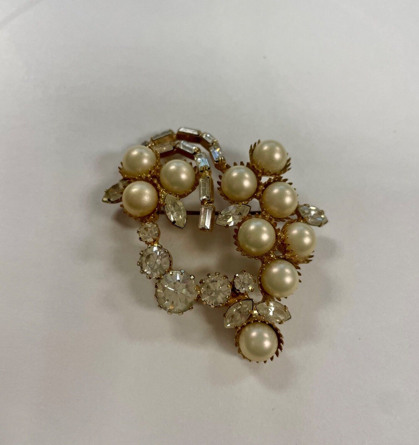 Large Vintage Pearl and Clear Rhinestone Brooch