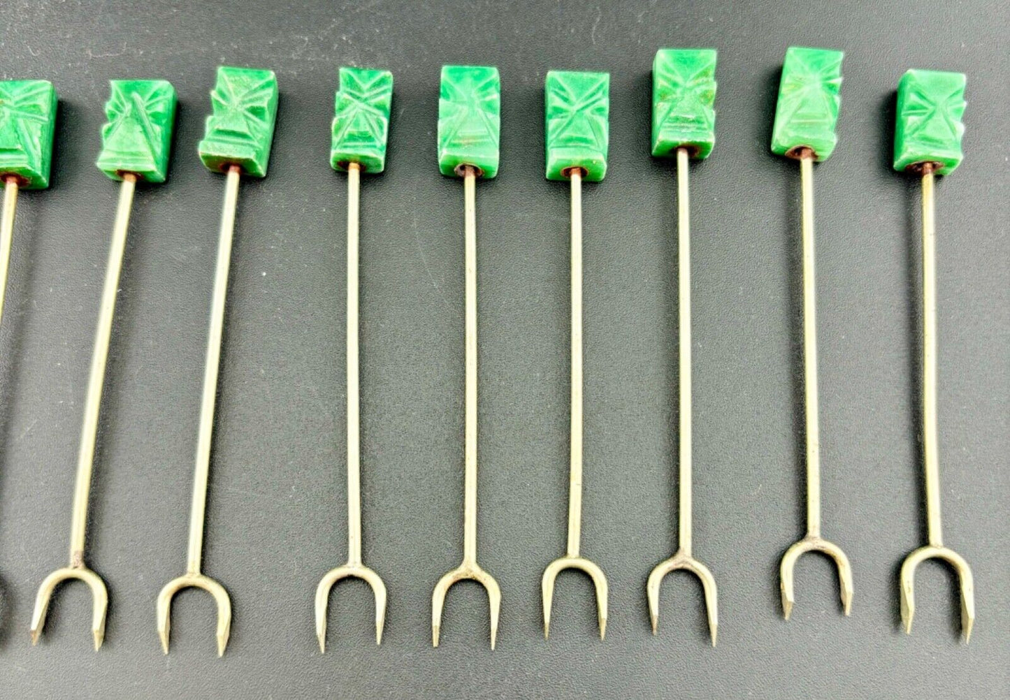 12 Vintage Pick Fork Carved Onyx Mexican Cocktail Hors d' Oeuvre Green