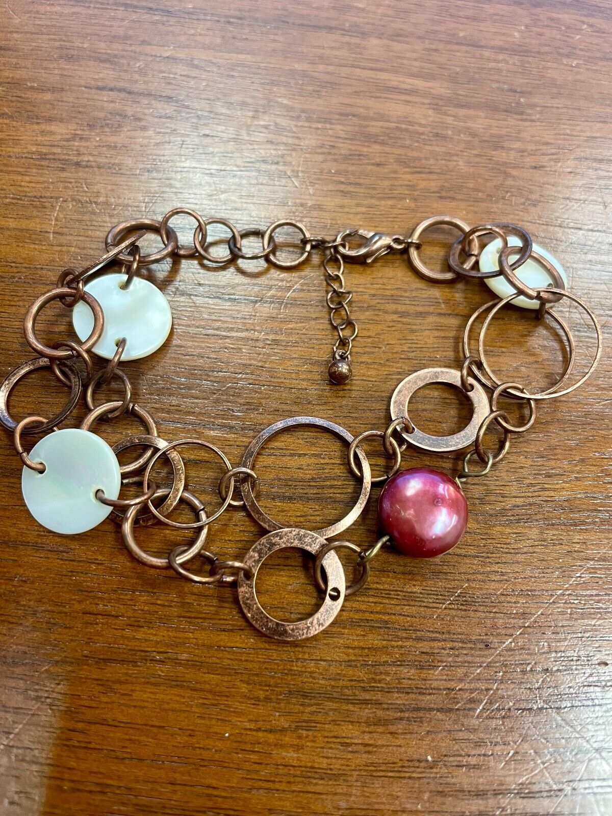Copper, Shell, and Freshwater Pearl Bracelet