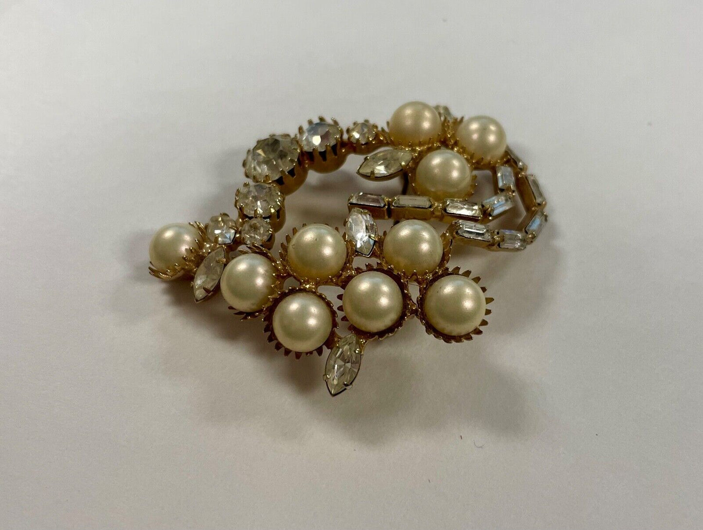 Large Vintage Pearl and Clear Rhinestone Brooch