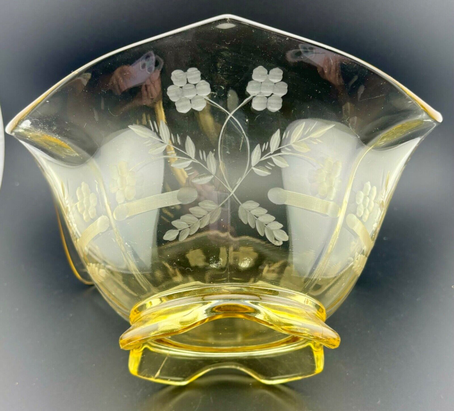 Etched Yellow Depression Glass Centerpiece Bowl