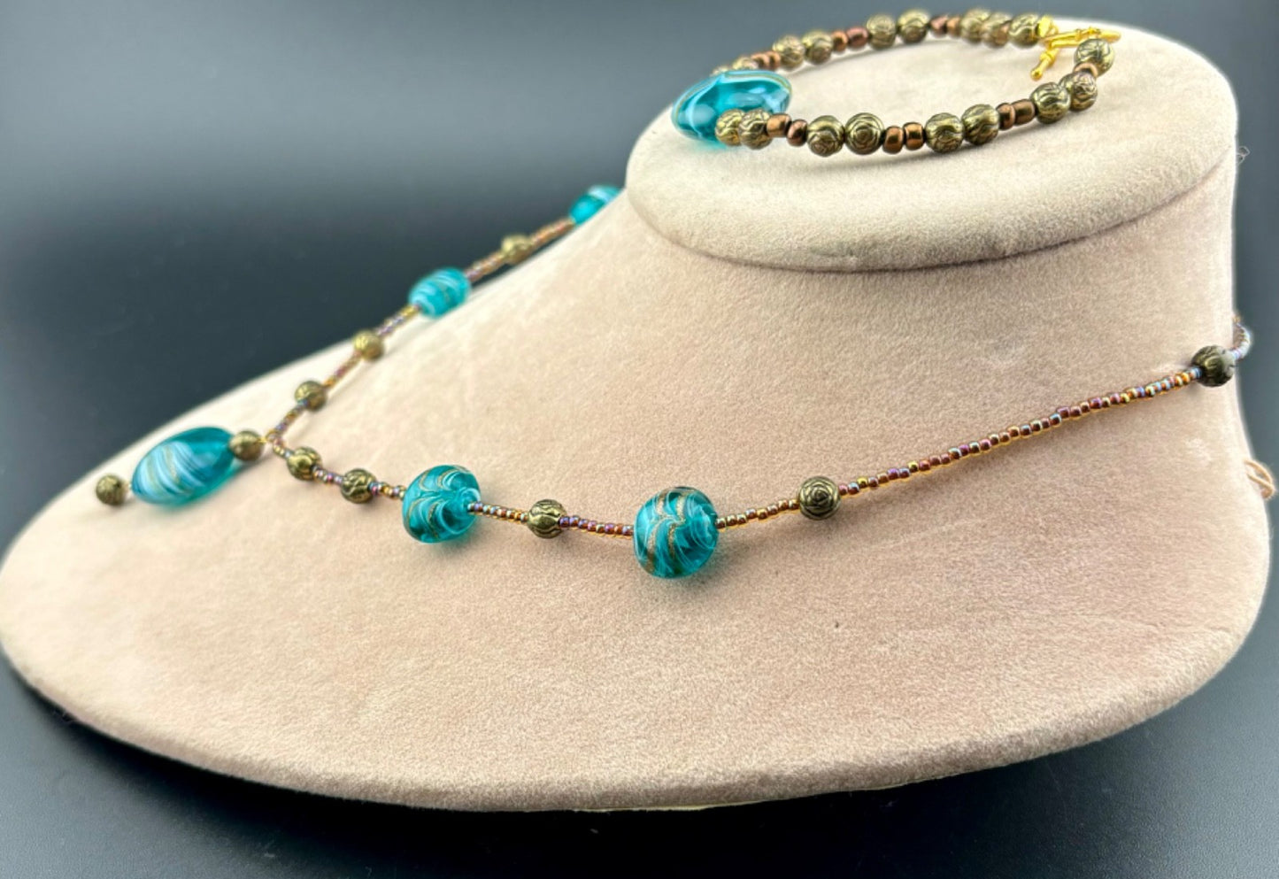 Art Glass Beaded Matching Necklace and Bracelet Set