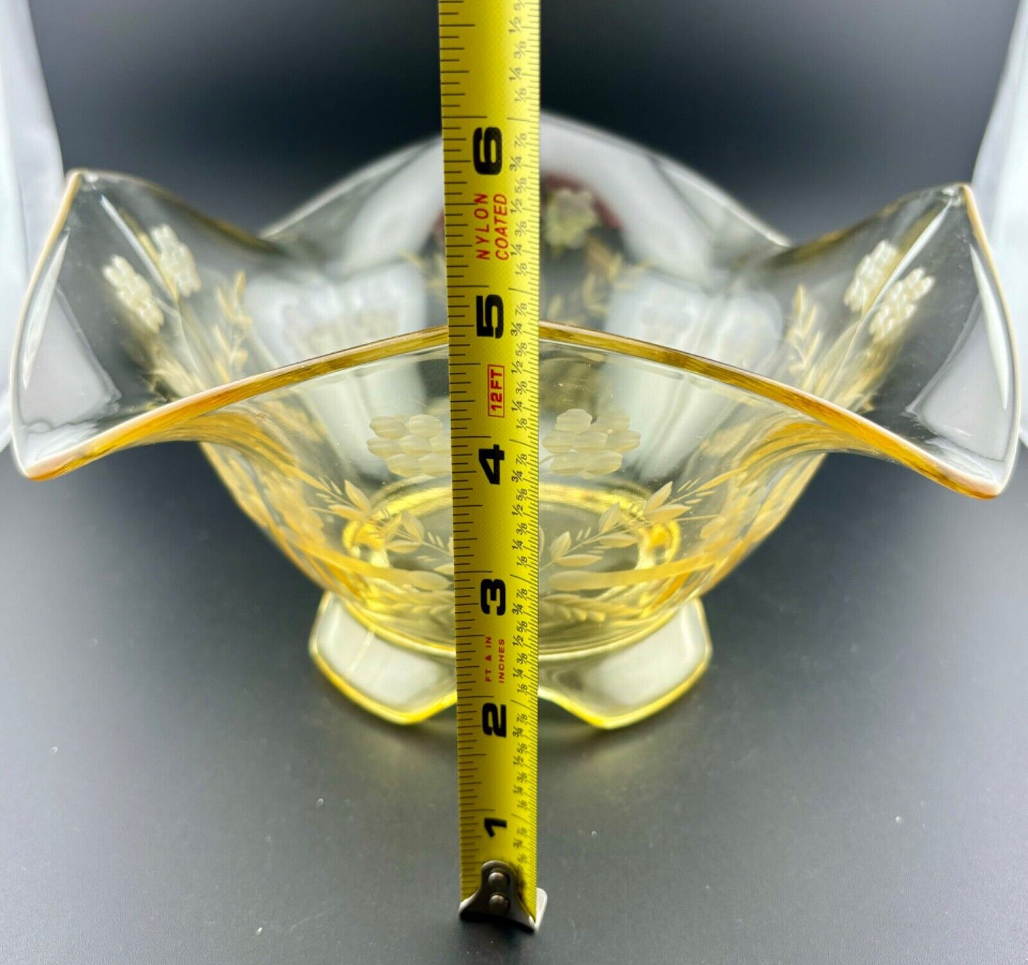 Etched Yellow Depression Glass Centerpiece Bowl
