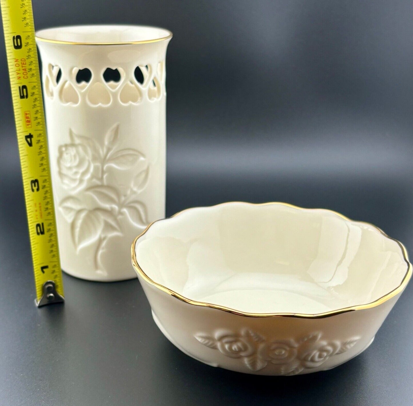 Vtg LENOX CHINA ROSE BLOSSOM VASE BOWL CREAM 24K GOLD Rim