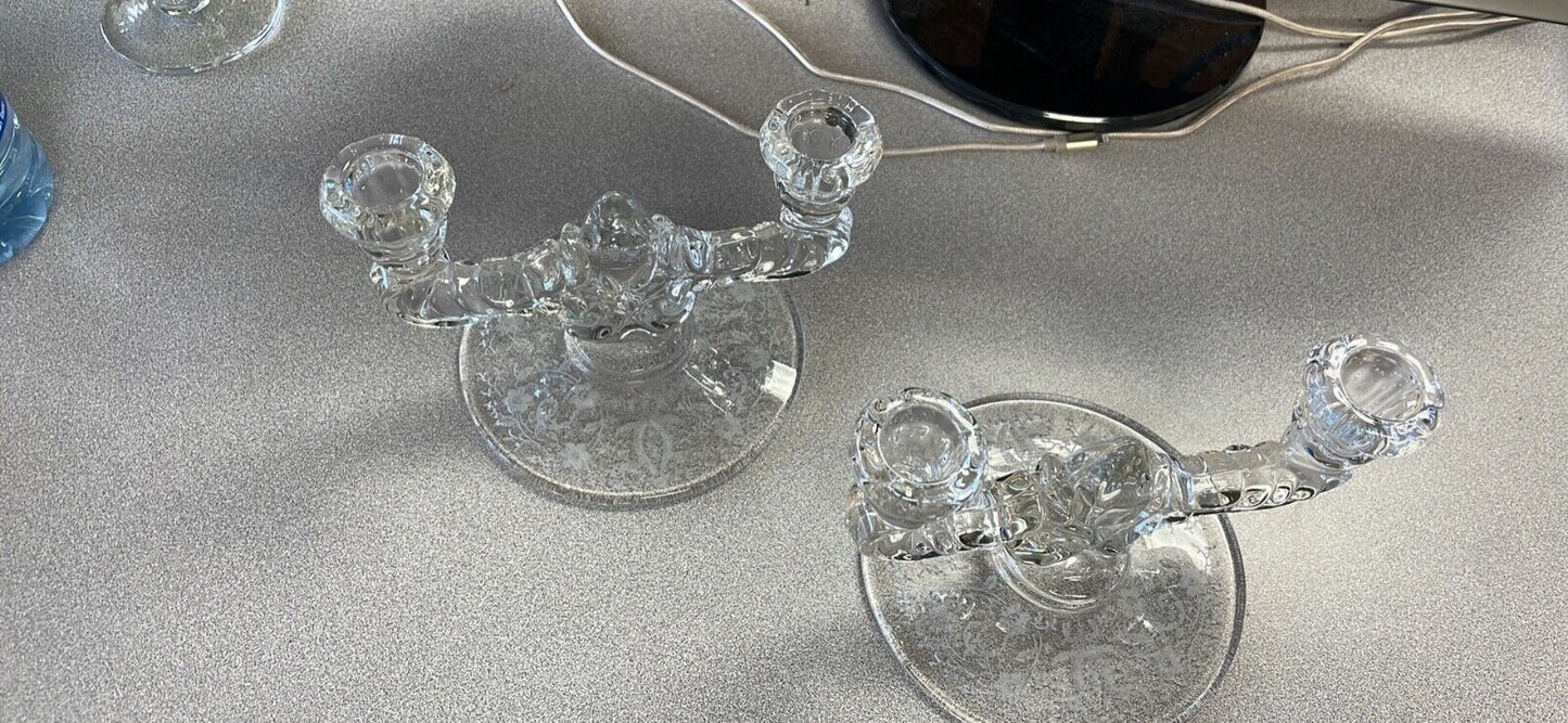 Double Arm Fostoria Glass Candelstick Holders Pair Etched Bases