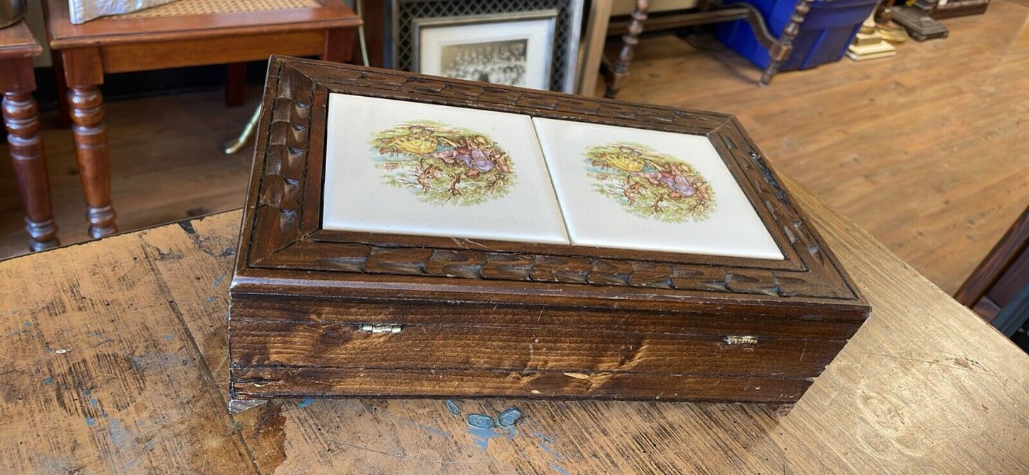 Vintage Wooden Jewelry Box Tile Top Classical Romantic Scenes