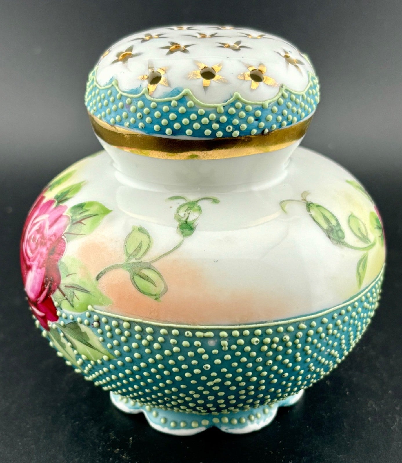 HAND-PAINTED NIPPON MORIAGE ROSES & PAINT DOT MUFFINEER /SUGAR SHAKER