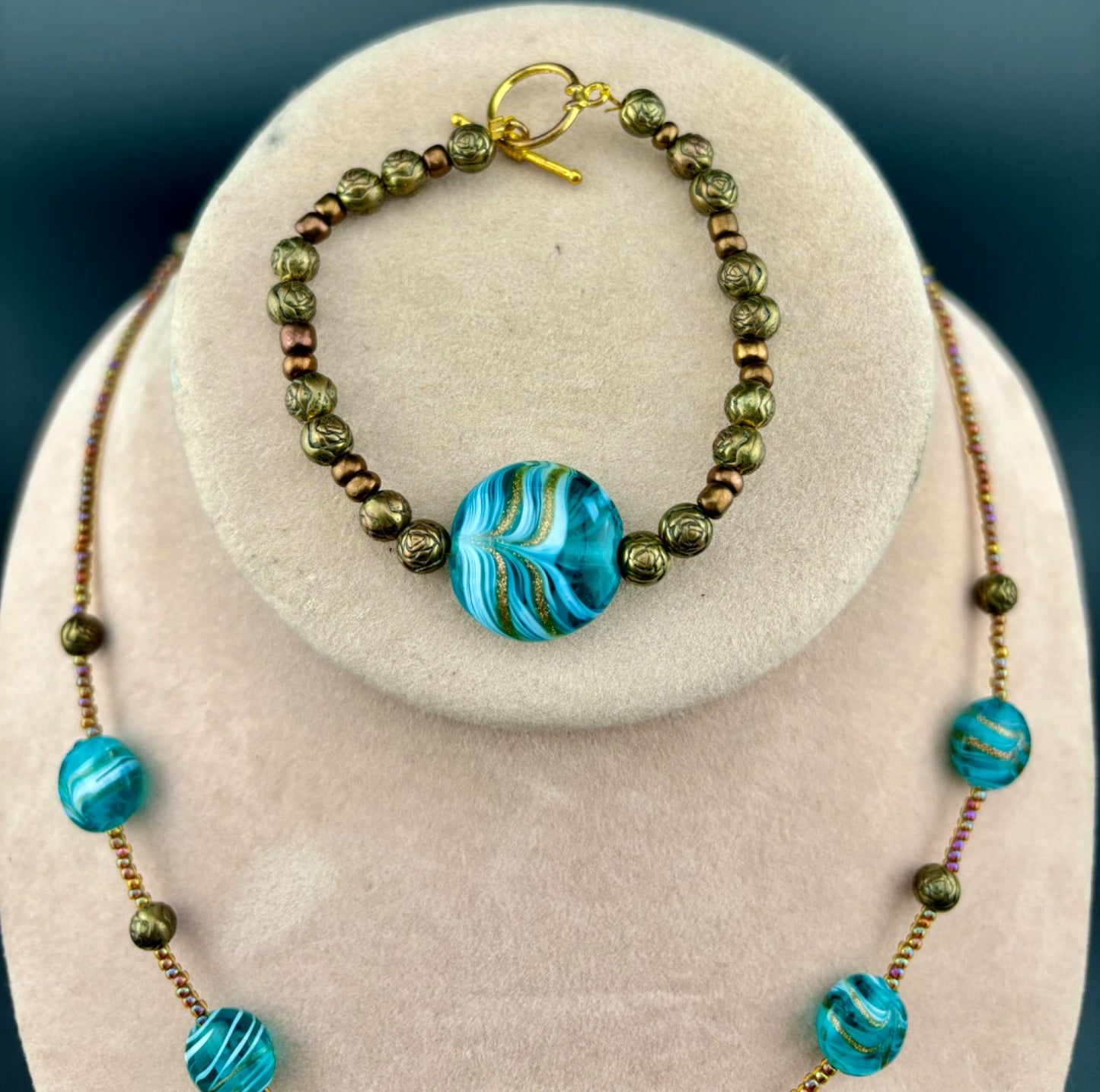 Art Glass Beaded Matching Necklace and Bracelet Set