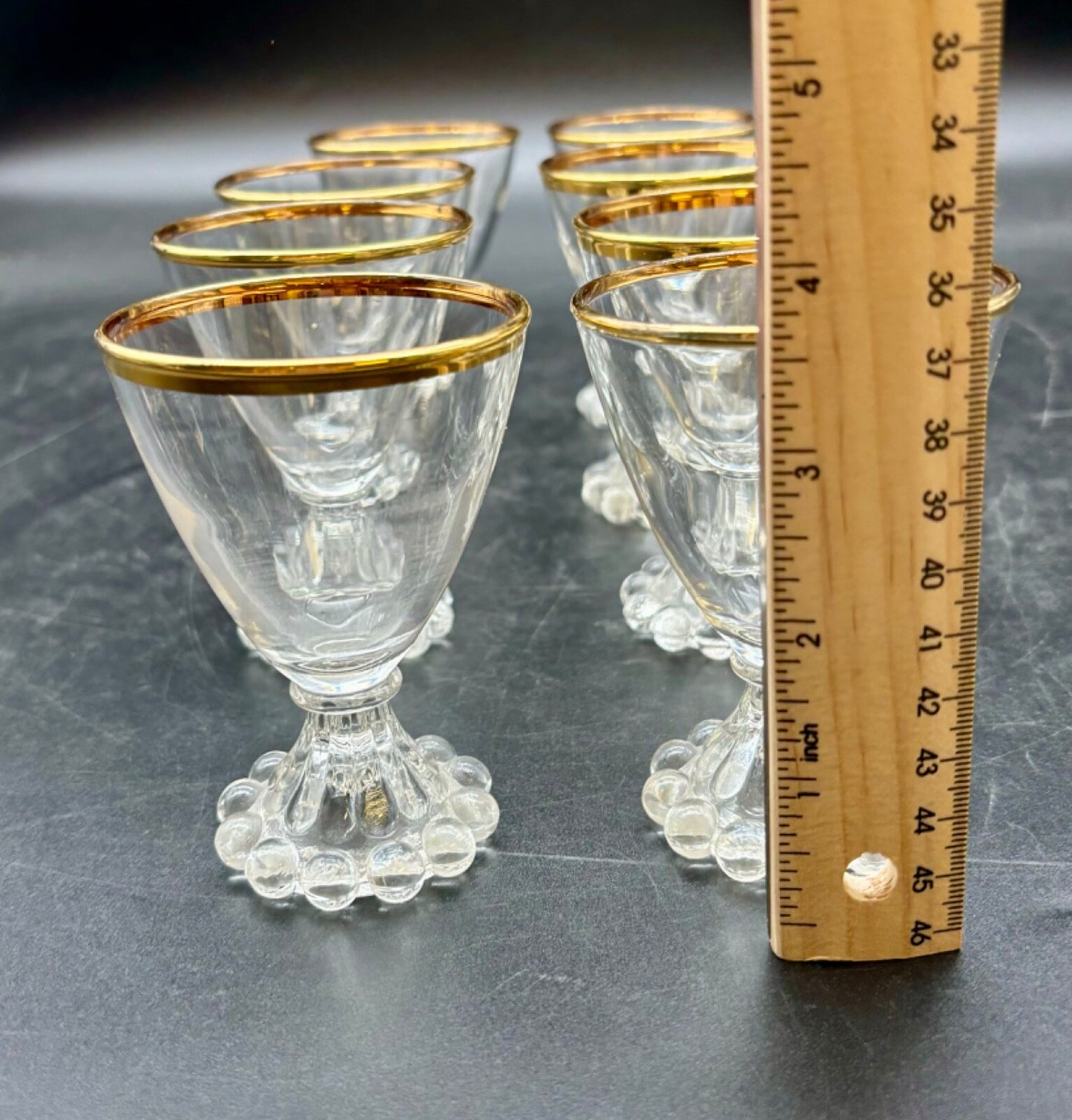 1950’s Set of 8 Boopie Clear Glassware w/Gold Rimmed Glasses