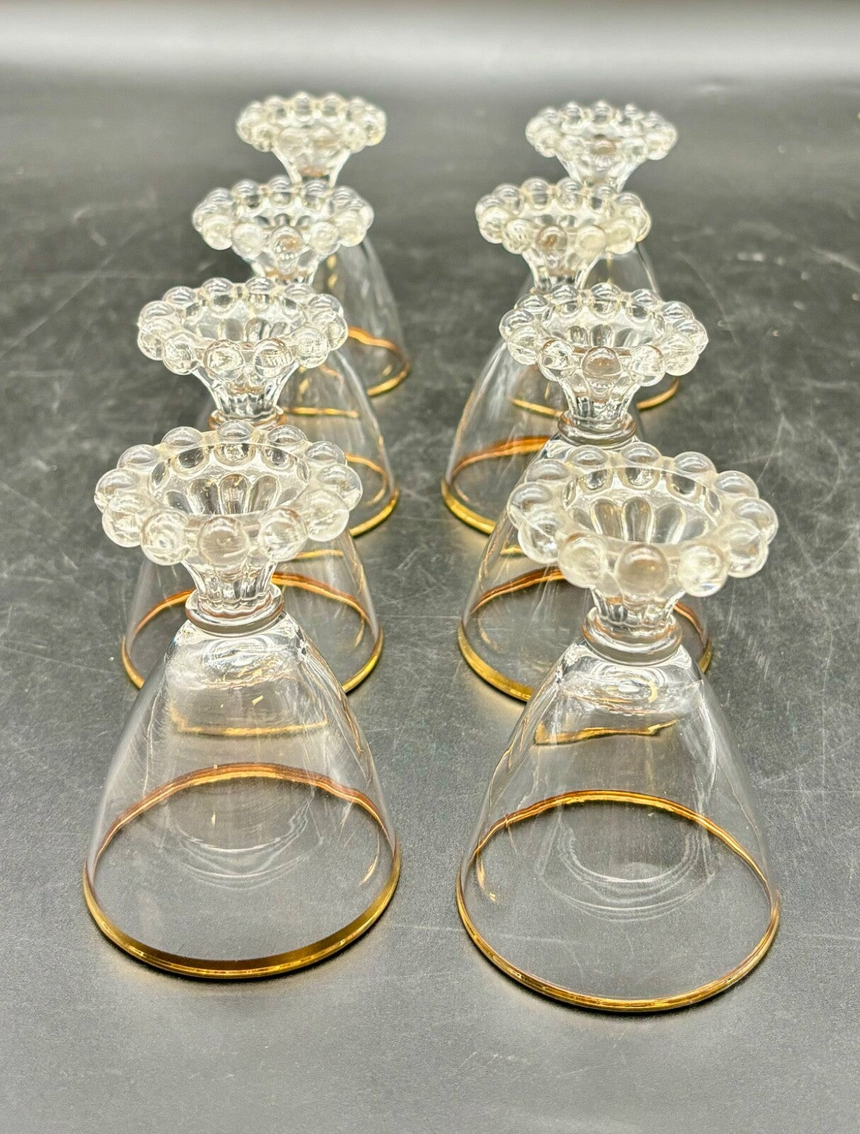 1950’s Set of 8 Boopie Clear Glassware w/Gold Rimmed Glasses