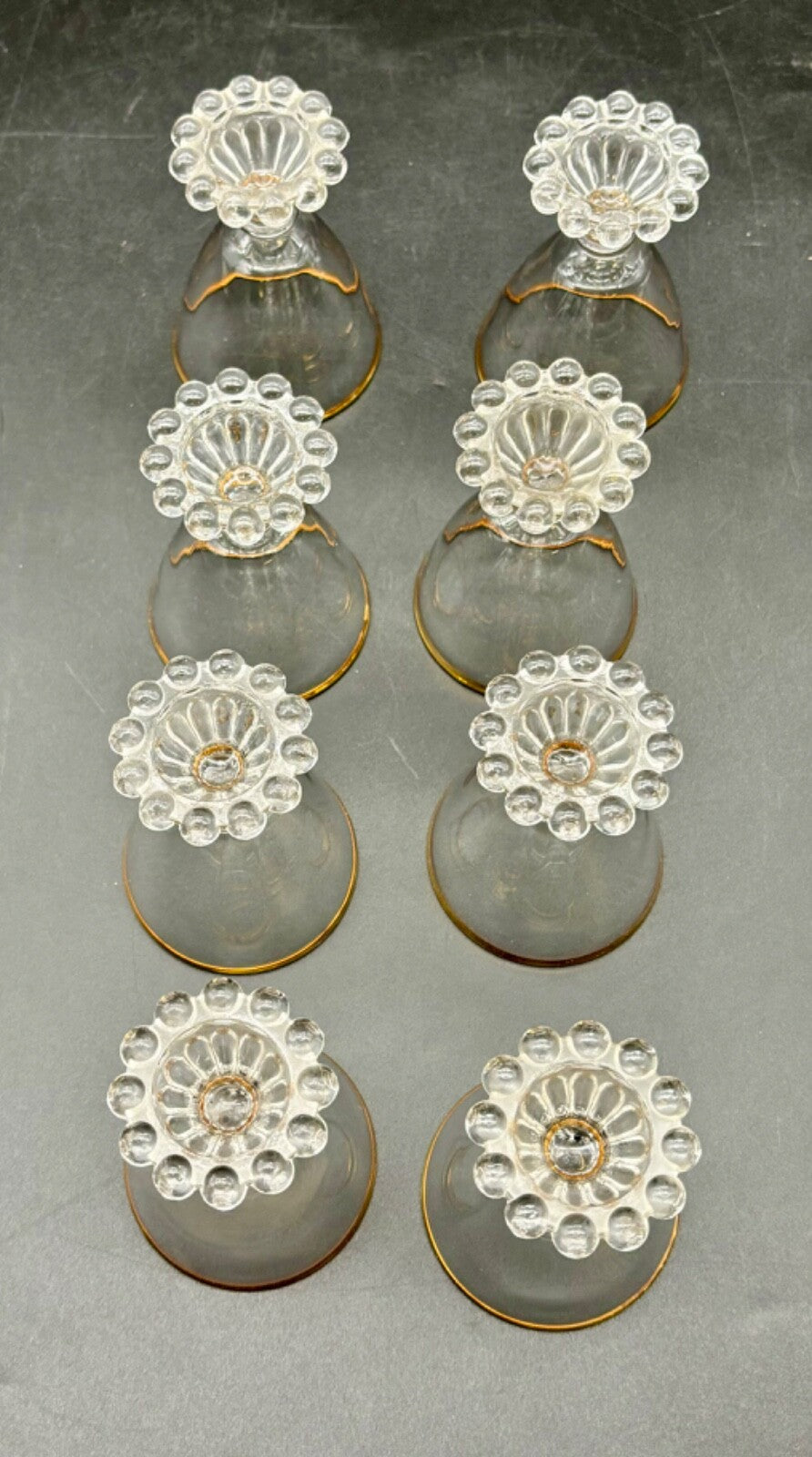 1950’s Set of 8 Boopie Clear Glassware w/Gold Rimmed Glasses