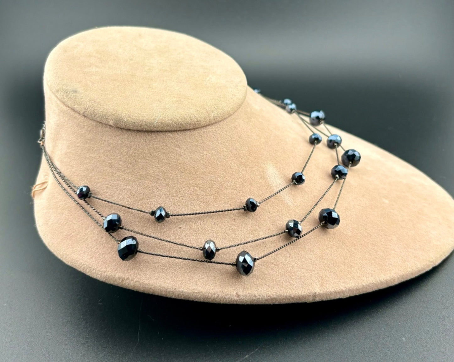 Vintage Black Rhinestone Triple Strand Necklace