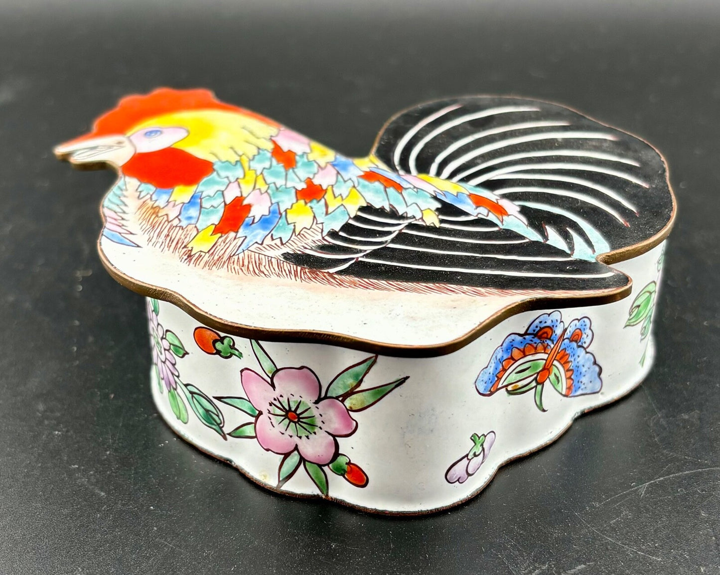 VTG Box Lidded Chinese Cloisonné Rooster Shape Marked on Bottom