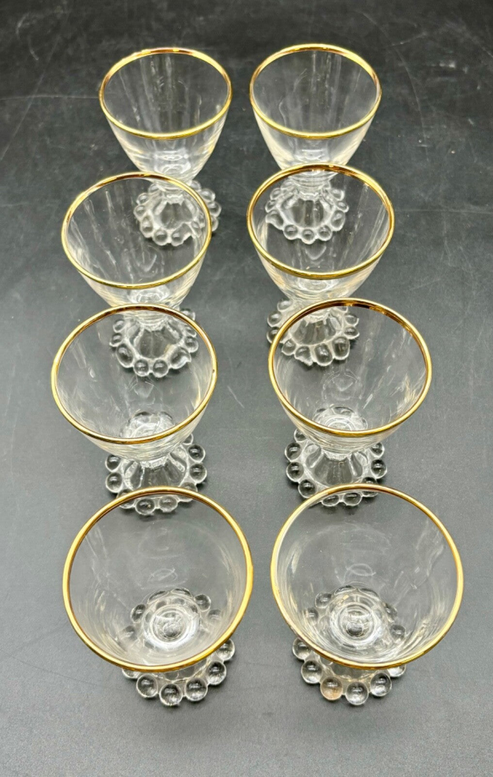 1950’s Set of 8 Boopie Clear Glassware w/Gold Rimmed Glasses