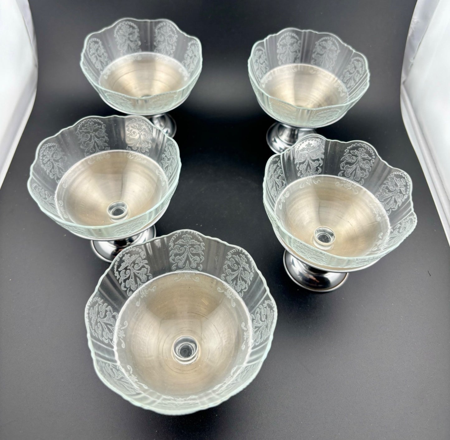 5 MacBeth-Evans American Sweetheart Sherbet or Ice Cream Cups w/ Metal Holders