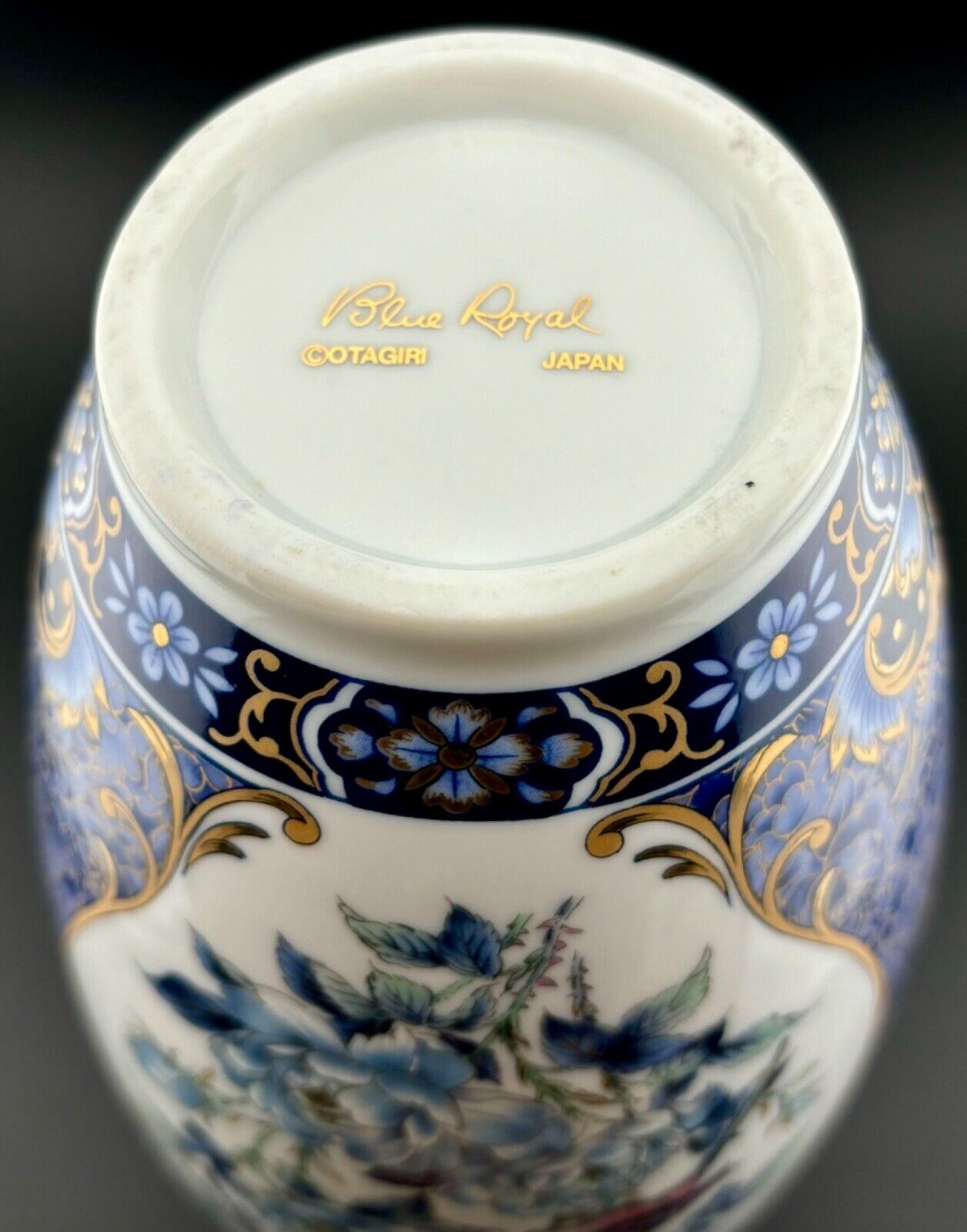 Blue Royal 10” Gilded Floral Bird Design Porcelain Vase Otagiri Japan