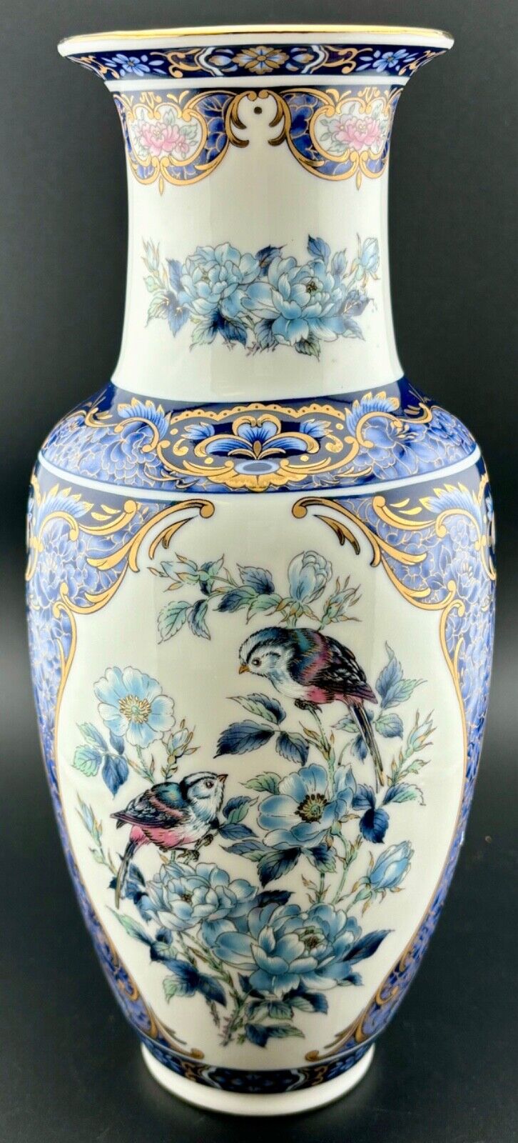 Blue Royal 10” Gilded Floral Bird Design Porcelain Vase Otagiri Japan