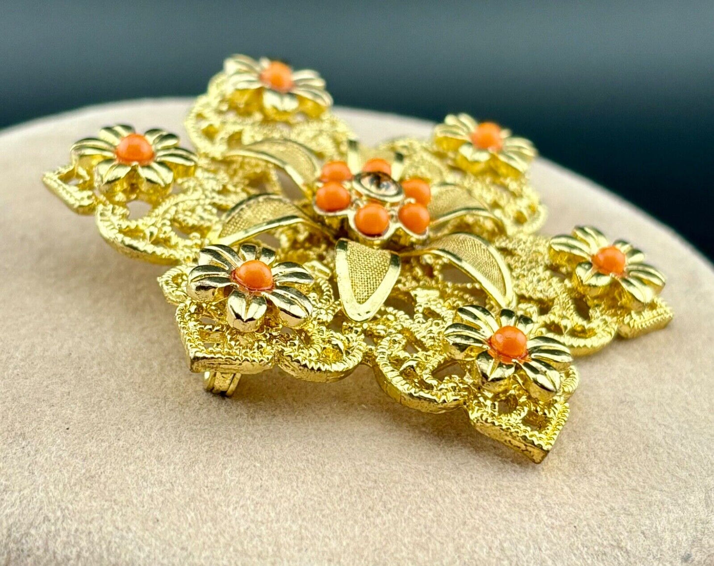 Vintage Gold Tone Orange/Coral Colored Bead Flowers Brooch NK