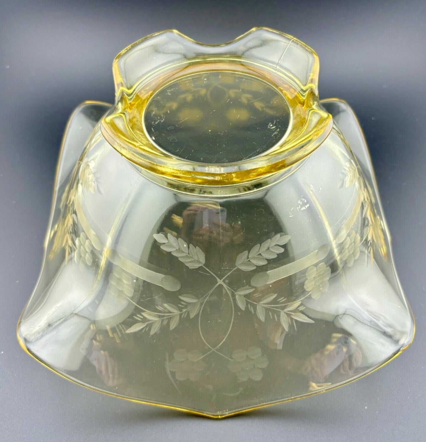 Etched Yellow Depression Glass Centerpiece Bowl