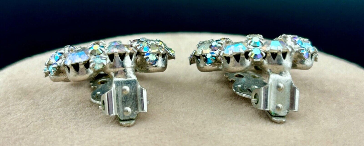VTG Signed WEISS Clip On Earrings Clear Aurora Borealis Rhinestone Circle NK