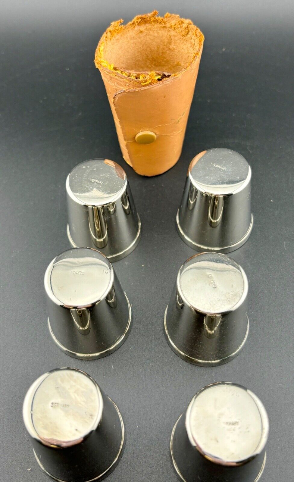 6 Vintage Silverplate Nesting Shot Cups Glasses w/ Leather Case Made In Germany