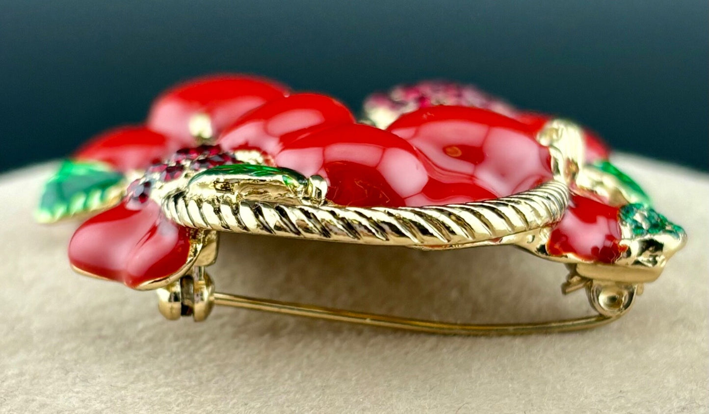 Basket Apples Brooch DANA BUCHMAN Gold Tone & Red Enamel Fruit Rhinestones NK