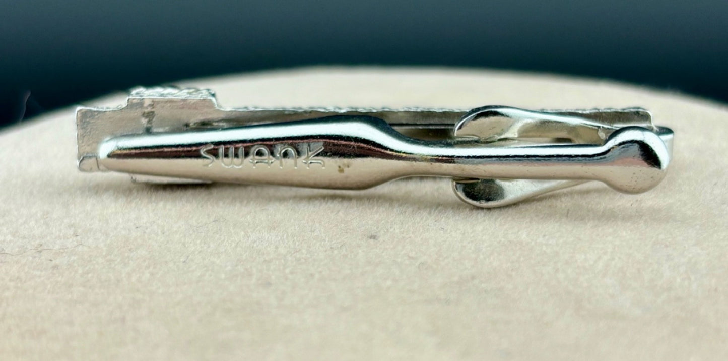 Vintage Swank Silver-Tone Brutalist Tie Clip Aqua Rhinestone