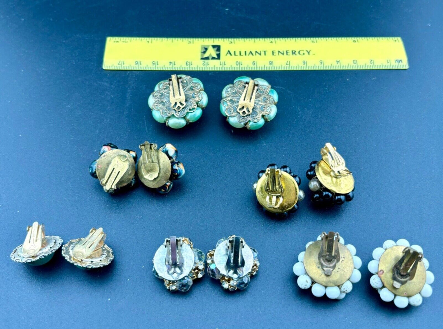 Lot of 6 Vtg Clip-On Earrings Beaded Clusters Rhinestone/Faux Pearl/Plastic NK