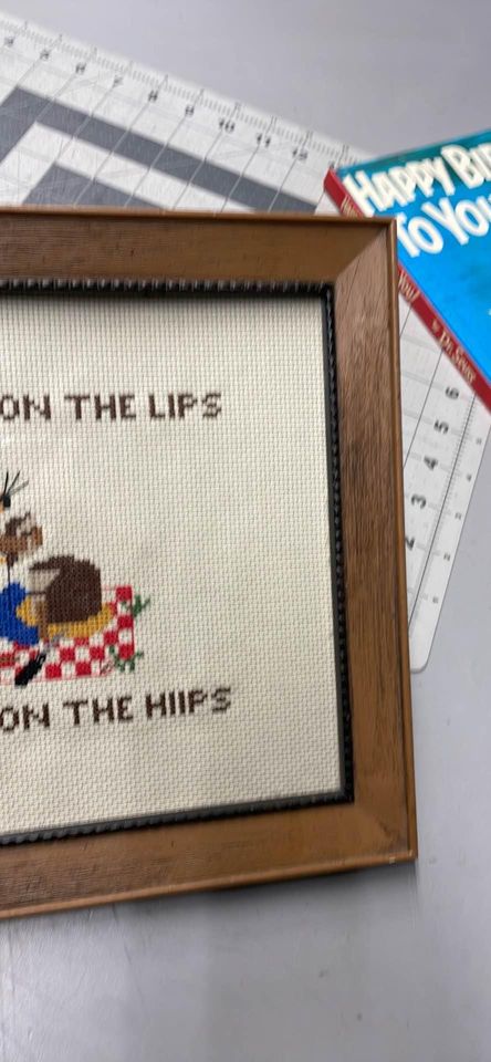 Cute Vintage Plastic Framed Cross Stitch A Moment On The Lips
