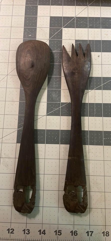 Nice Pair Of Carved Ironwood Elephant Handled Salad Servers