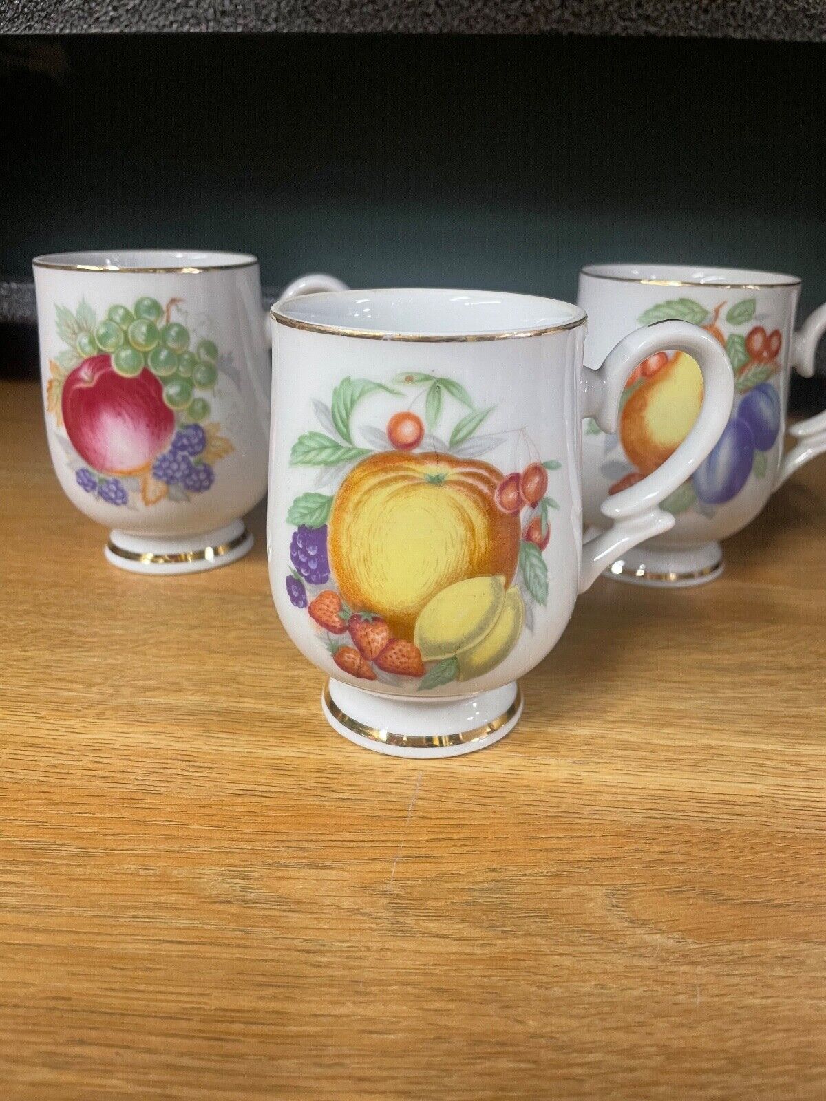 Vintage Porcelain Mugs Royalton China Co. Fruit with Gold Rims Set of Four